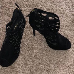 Black velvet cutout heels